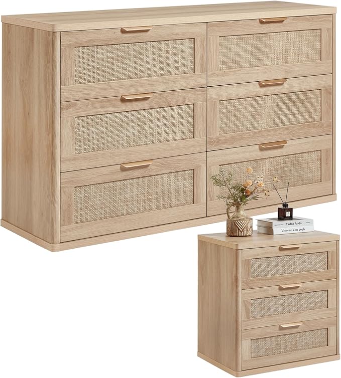 LEYAOYAO Rattan Dresser and Nightstand Set of 2, Boho Wood Dresser for Bedroom with 6 Drawers and Night Stand with 3 Drawer, Bedroom Furniture, Dressers & Chests of Drawers, Living Room, Hallway