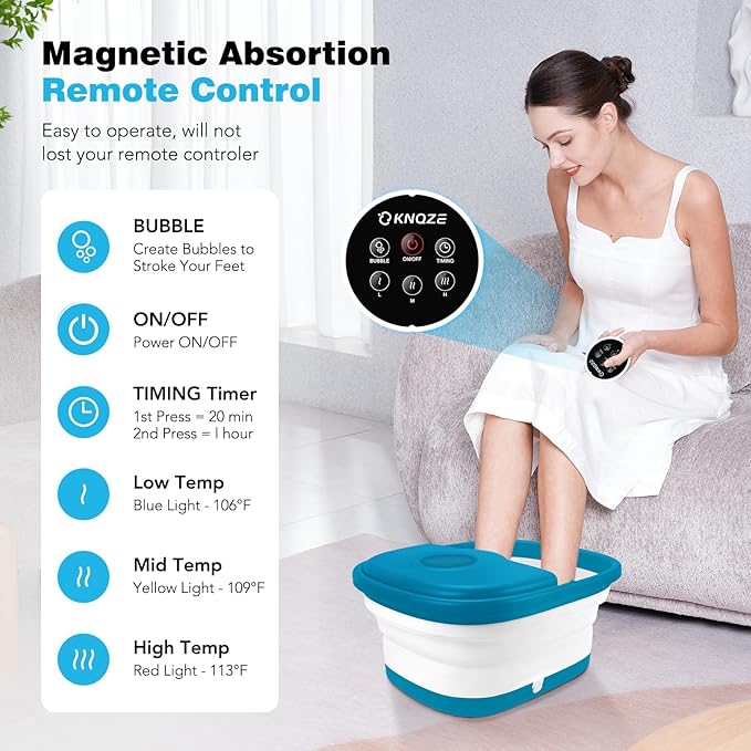 Collapsible Foot Spa with Heat, Remote Control, Temperature Control, Bubbles, Pumice Stone, Red Light, Timer, 16 Massage Roller Pedicure Foot Bath Tub Foot Soaker for Relaxation & Stress Relief