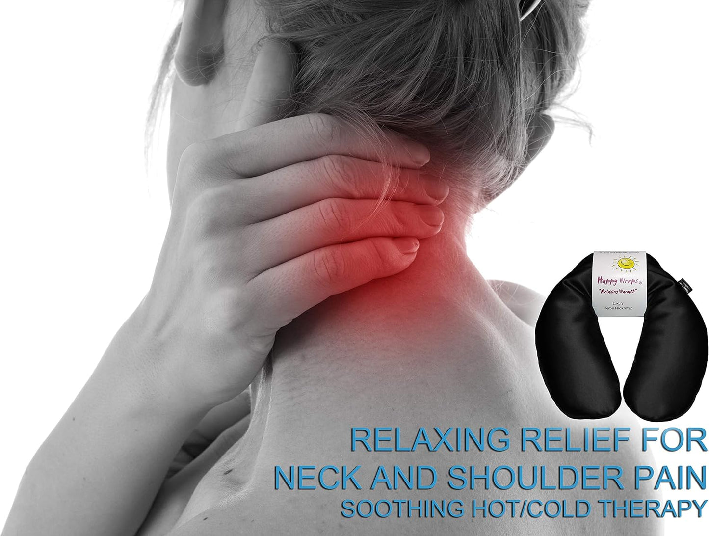 Microwavable Herbal Neck Wrap - Hot Cold Aromatherapy Neck Warming Pillow - Heating Pad for Migraines, Stress, Gifts for Women, Birthdays, Christmas and Free Sleep Mask - Onyx Satin