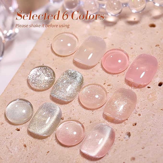 Born Pretty Gel Nail Polish Nude Pink Series,Jelly Transparent,Cat Magnetic Eye,Shimmer Glitter Holographic Nude Pink Gel Polish Kit for Salon Manicure and Nail Art DIY at Home 6Colors