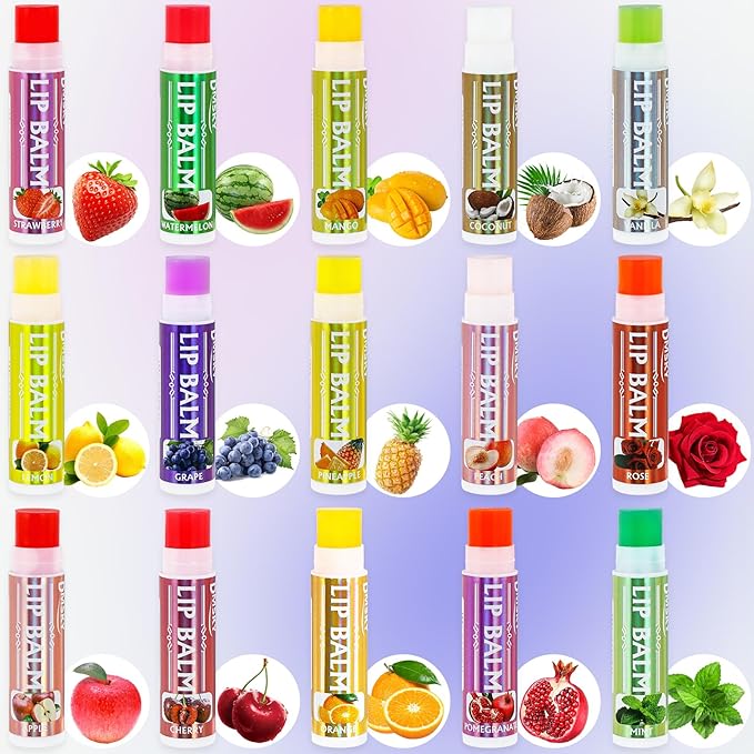 Dmsky Lip Balm 30 Pack, Colorful Lip Balm Bulk with Vitamin E and Coconut Oi, Hydrating Moisturizing Lip Balm Set for Men Women- 15 Flavors