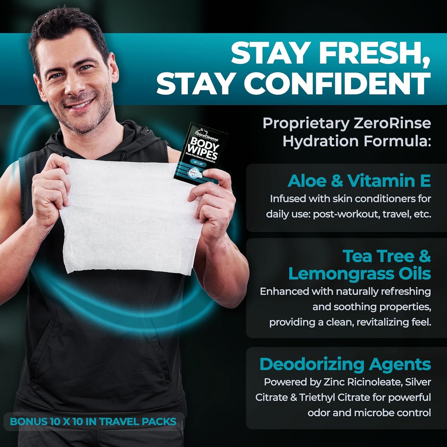 After Gym Body Wipes for Men (4pk) - 200 XL No Rinse Shower Wipes + 16 Travel Bath Sheets - 9"x12" - Mens Deodorant Disposable Washcloths for Bathing, Camping Essentials, Survival Gear and Supplies