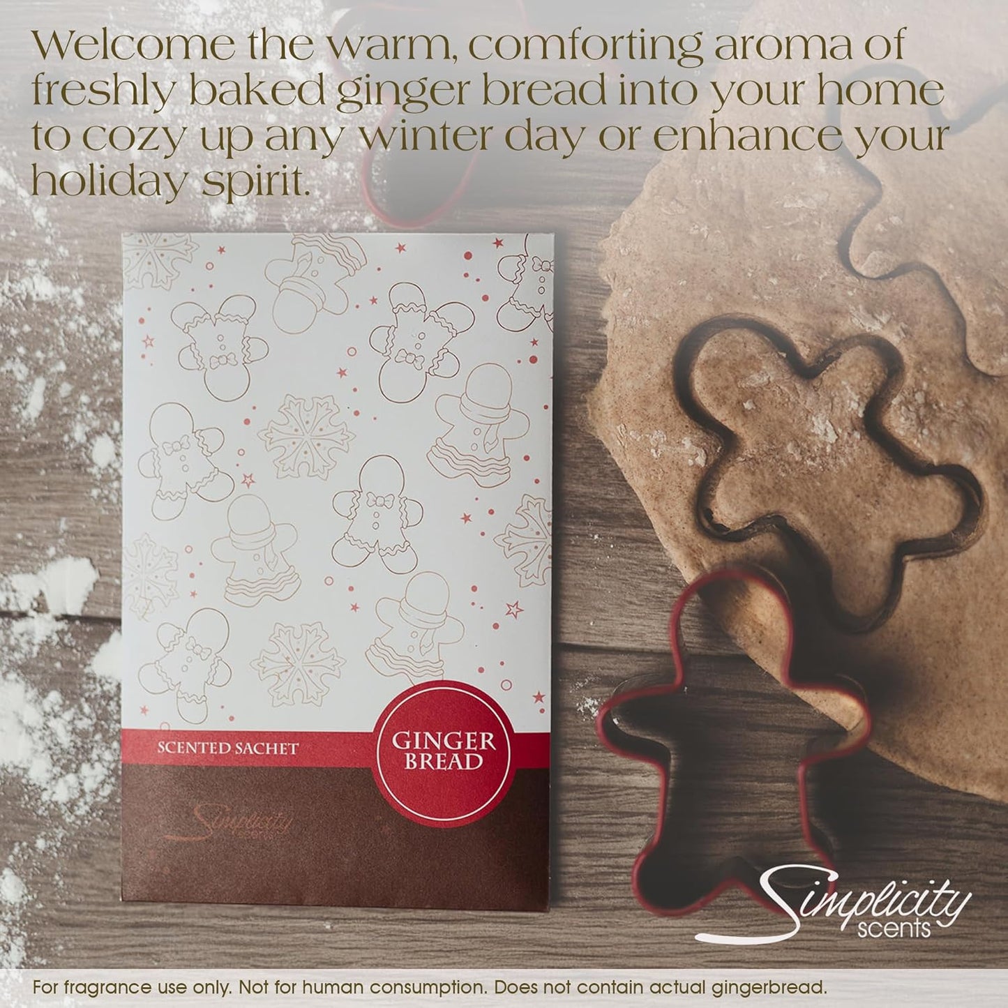 Simplicity Scents Gingerbread Scented Sachets Pack of 6, Fall & Winter - Long-Lasting Scented Bags, Home Fragrance, Air Freshener & Deodorizer for Closet, Room, Drawer, or Cars, Made in USA