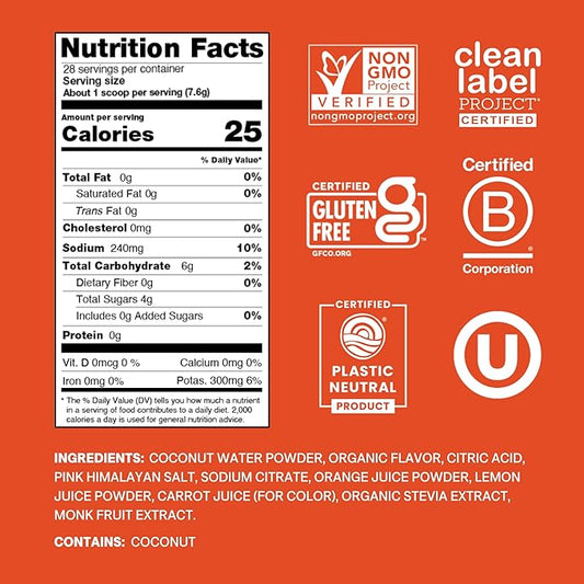 Cure Hydration | Plant-Based Electrolyte Drink Mix | No Added Sugar | Dehydration Relief Powder Made with Coconut Water | Non-GMO | Vegan | 28 Servings Jar - Blood Orange
