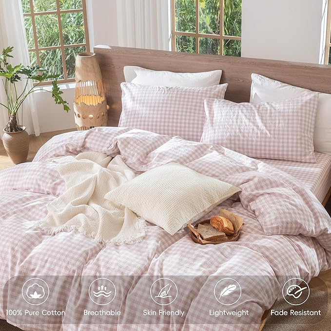 MooMee Gingham Duvet Cover Set 100% Washed Cotton Linen Like Textured Breathable Durable Soft Comfy Modern Checkered Design (Classic Gingham Greyish Pink, Full 80"x90")