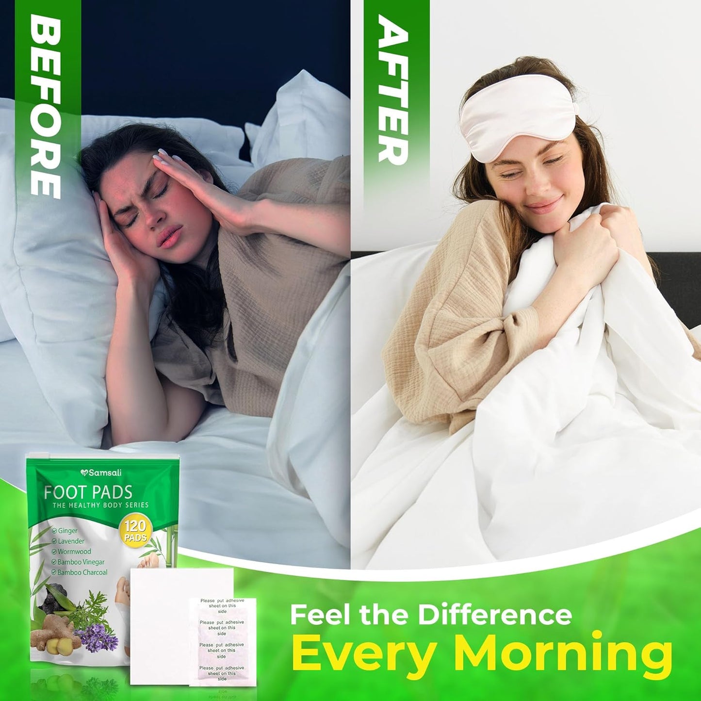 Samsali Ginger Foot Pads for Pain Relief: 120-Pack Natural Bamboo Vinegar Bamboo Charcoal Wormwood Lavender Ingredients Foot Patches - Comfort for Stress Relief - Ideal for Adults Elderly Sleep