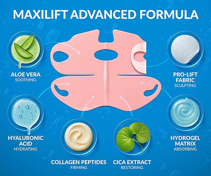 Stylia MaxiLift V-Line Lifting Collagen Face Mask – Enhanced Double Chin Reducer – Jawline Shaper Face Lifting Masks – Firming Neck Lift Collagen Mask – Chin Strap for Sleeping – Hyaluronic, Aloe 10PC