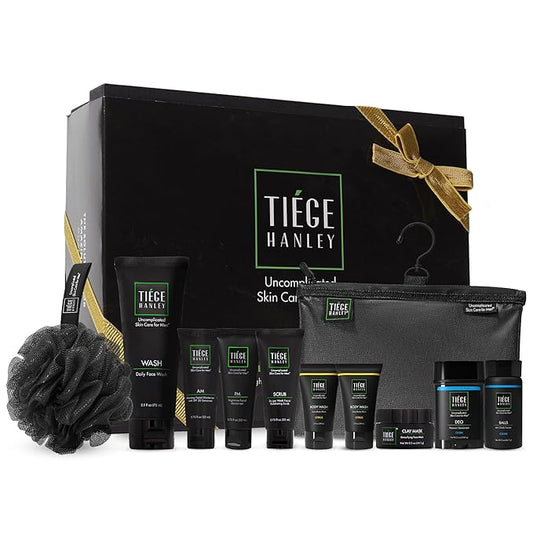 Tiege Hanley Mens Skin Care Gift Box Set, Gold - Men's Skincare Set with Face Wash, AM & PM Moisturizer, Scrub, Clay Mask, Body Wash, Deodorant, Anti Chafe Powder, Scrubber & Dopp Kit