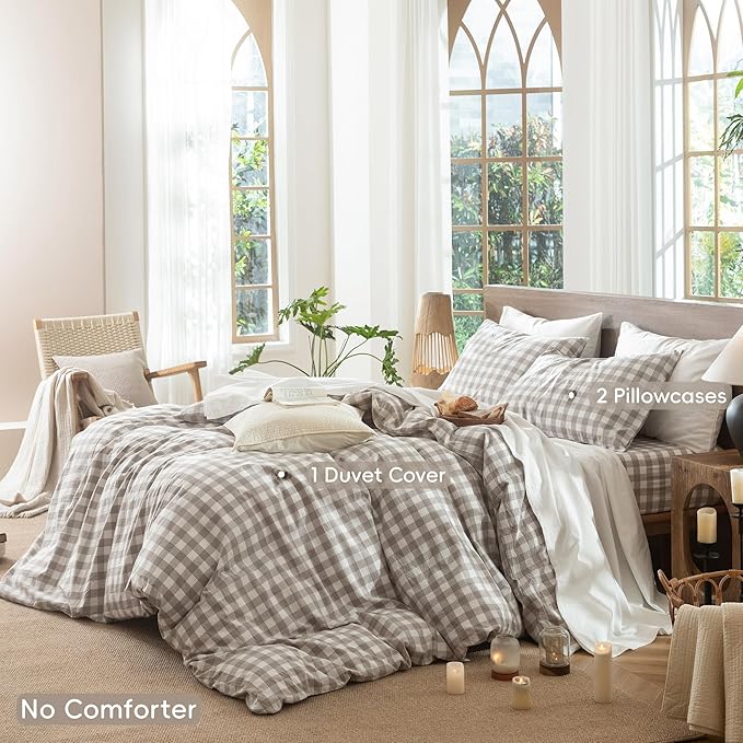 MooMee Gingham Duvet Cover Set 100% Washed Cotton Linen Like Textured Breathable Durable Soft Comfy Modern Checkered Design (Buffalo Plaid Tannish Linen Grey, King 104"x90")
