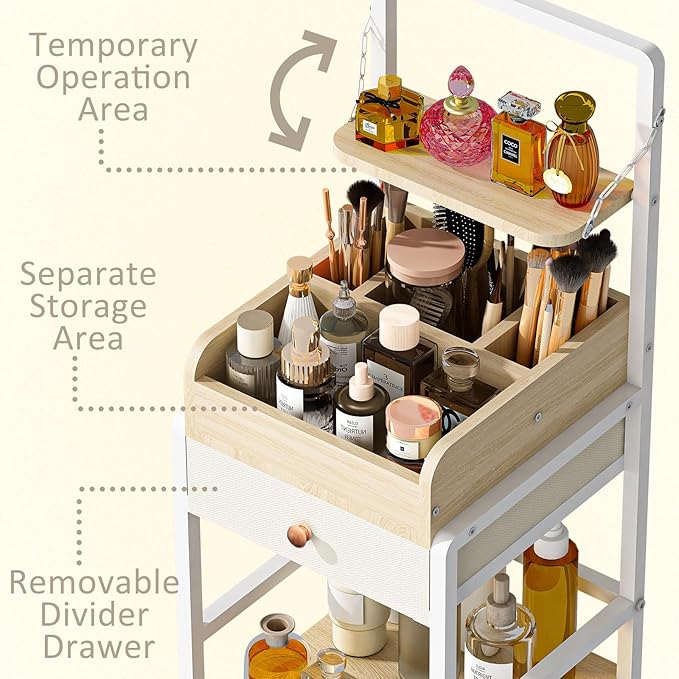 Wisdom Star Makeup Organizer Cart with 2 Drawers, Floor Skincare Organizers, Makeup Storage, Vanity Organizer, Cosmetics Display, Versatile Skin care Perfume Nail Polish Storage Rack for Bathroom
