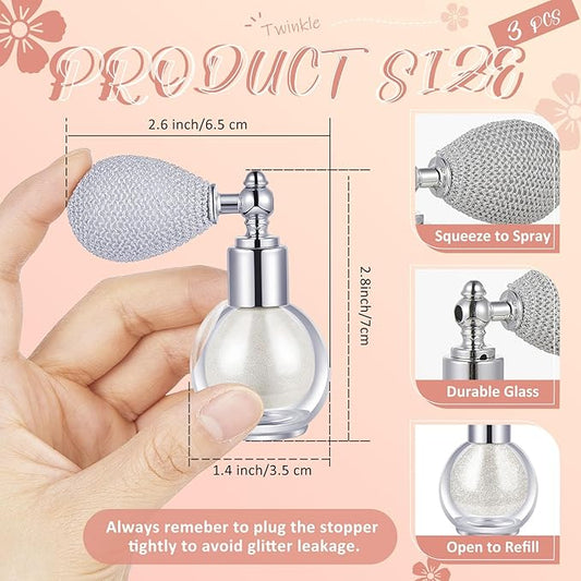3 Pcs Glitter Spray for Hair and Body, Highlighter Shimmering Spray Powder High Gloss Body Glitter Spray Sparkle Powder for Face Body Cosmetic, Champagne, Pearl White, Bronze Color