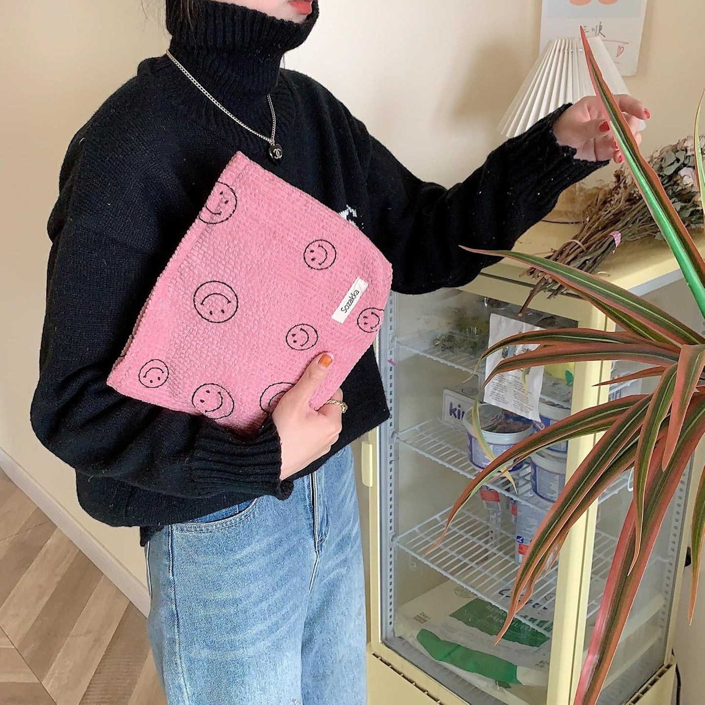 Cosmetic Bags for Women - Corduroy Cosmetic Bag Aesthetic Women Handbags Purses Smile Dots Makeup Organizer Storage Makeup Bag Girls Case Bags (A-Pink)