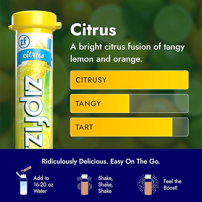 Zipfizz Daily Energy Drink Powder, Citrus, 20 Pack, 3-in-1 Sustained Energy, Rapid Hydration, and Essential Vitamins, Sugar-Free, Electrolyte Powder, Contains Vitamin B-12 & Antioxidants