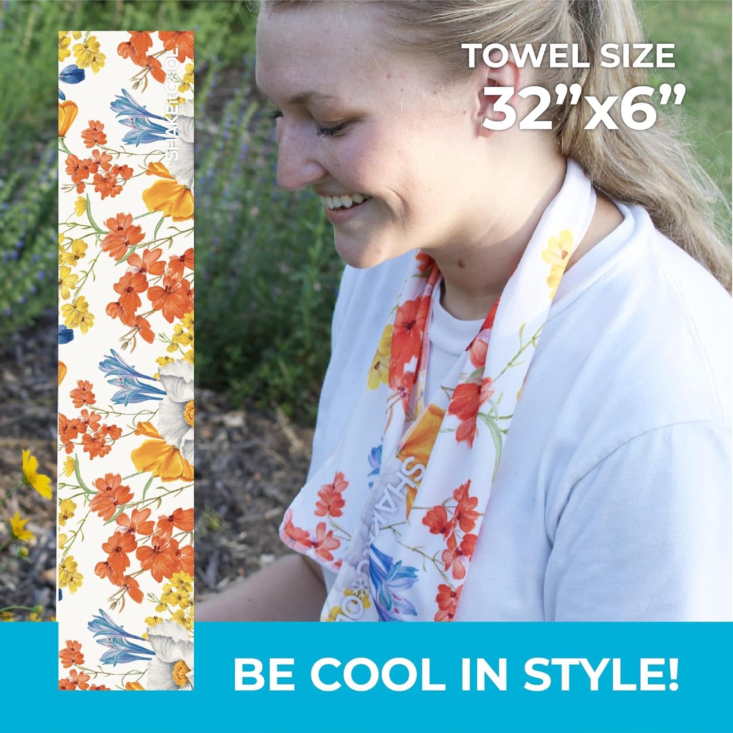 SHAKEitCOOL Original Cooling Towel – Be Cool in Style - Heat Relief, Soft, Lightweight, Sun Protection, Easy Clean - Perfect for Biking, Running, Yoga, Gym, Gardening - Flower