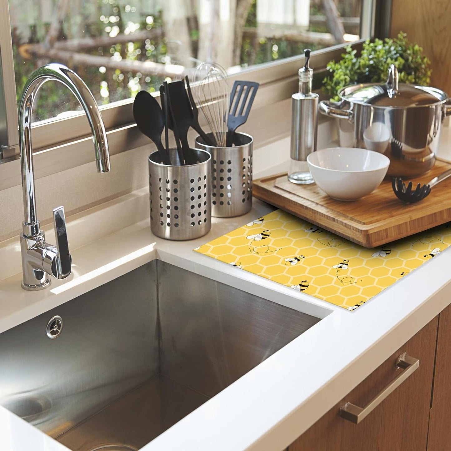 Yellow Bees Dish Drying Rack Mats Decor,Honey Honeycombs Dish Pad Drying Mat Kitchen Counter 18x24 Inch Absorbent Reversible Microfiber for Coffee Bar Sink Countertop