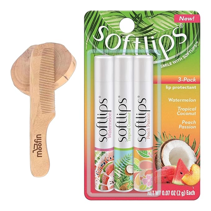 SoftLips Lip Balm, 0.63 oz - Tropical Lip Balm in Hydrating Watermelon, Coconut & Peach Flavors with Shea Butter & Vitamin E, Bundle with Moofin Wooden Comb, Nourishing LipBalm Set (Pack of 1)