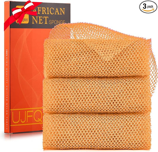 UJFQBH 3 Pieces African Bath Sponge African Net Long Net Bath Sponge Exfoliating Shower Body Scrubber Back Scrubber Skin Smoother,Great for Daily Use (Yellow,Yellow,Yellow)