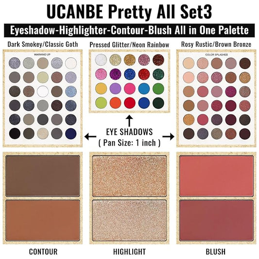 UCANBE Eyeshadow Palette with Brushes Makeup Sets, Pigmented Eye Makeup Pallet Holiday Gift Set, Goth Smokey Rosy Neutral Glitter Rainbow Eye Shadows & Contour Highlight Blush All-in-One Make Up Kit