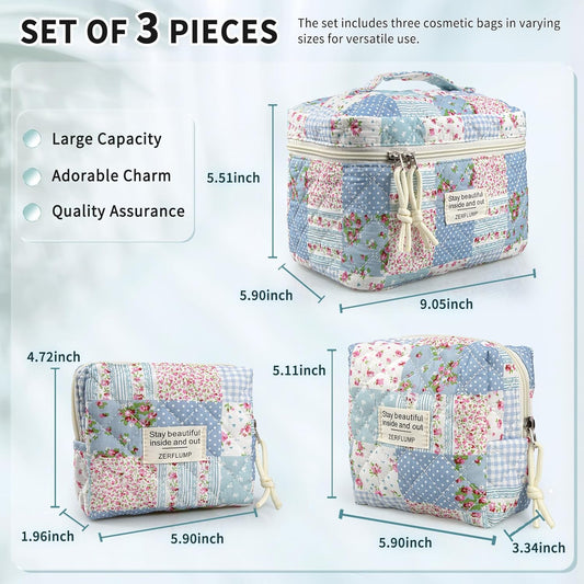 Cute Quilted Floral Makeup Bag(3Pcs)，Coquette Aesthetic Cosmetic Bag，Travel Toiletry Bags， Kawaii Aesthetic pouch for Women (64-GridRose)