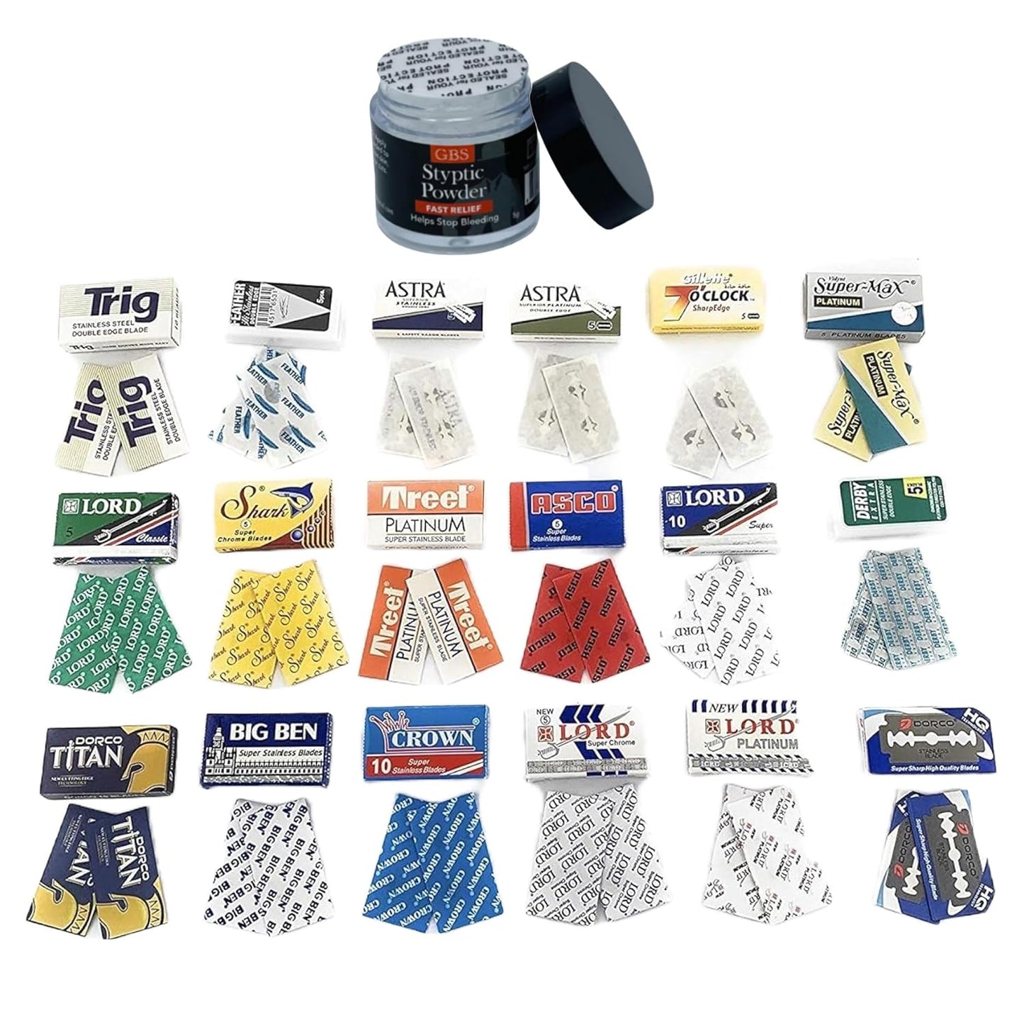 G.B.S Sharp Blades and Styptic Powder Jar, Stops Bleeding from Shaving Nicks and Cuts Soothes Skin and Pore After Shave, Pack of 36