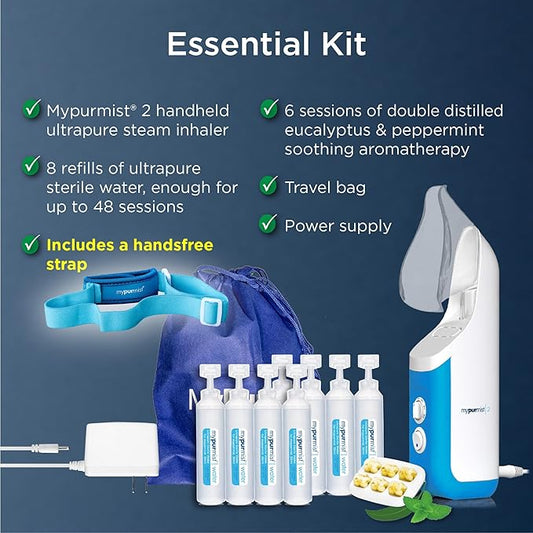 Mypurmist® Essential Kit Plus Handsfree Strap - Steam Inhaler, Personal Handheld Instant Ultrapure Steam - Sinus Congestion Cold Cough Relief Vocal Care Skincare (Plug-in)