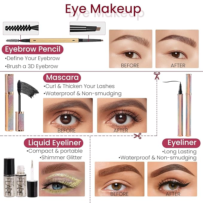 Makeup Kit for Women Full Kit, Travel Makeup Kit, Makeup Gift Set for Teens Girls Beginners Professionals, Makeup Bundle Include 2 Matte & Glitter Eyeshadow Palettes, Lip Gloss Set