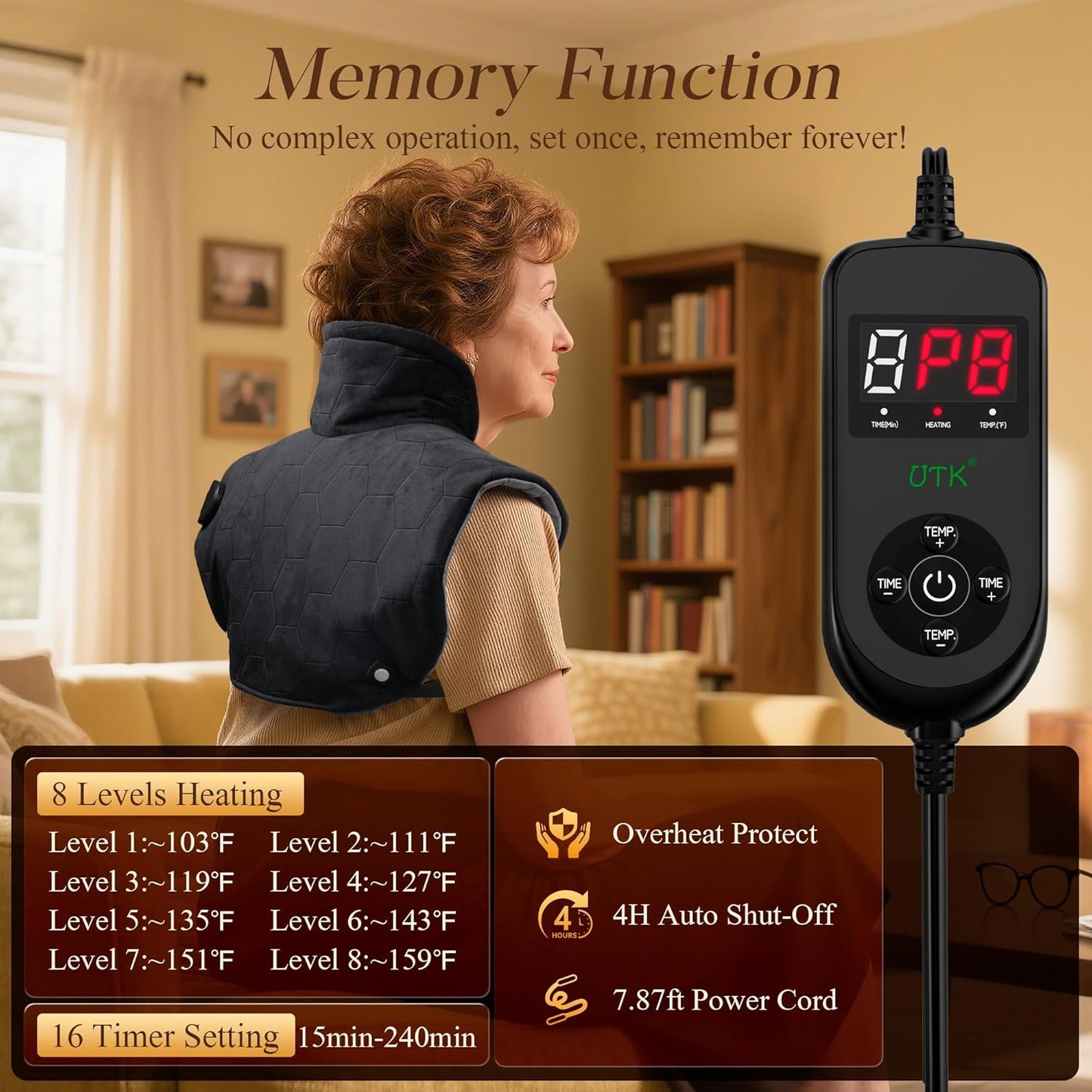 UTK 30s Fast Heating Pad for Neck and Shoulders and Back, 6X Deeper Penetrate, Far Infrared Heated Wrap for Neck and Shoulders Pain Relief, Auto Shut Off, Memory Function 24"X20"