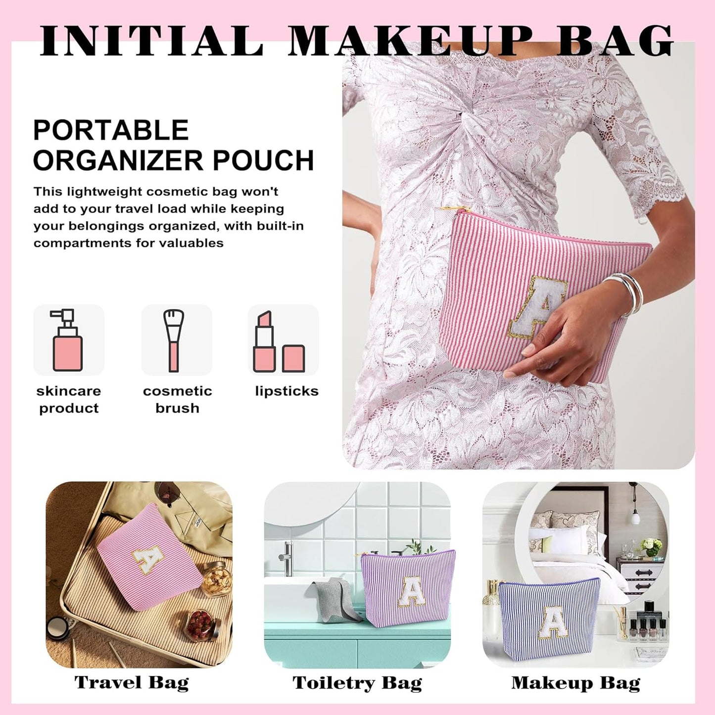 Initial Makeup Bag for Women - Travel Pouch, Portable Cosmetic Bag Make up Kit Pouch | Travel Essentials Cute Makeup Bag Birthday Gifts for Women, Pink Letter T