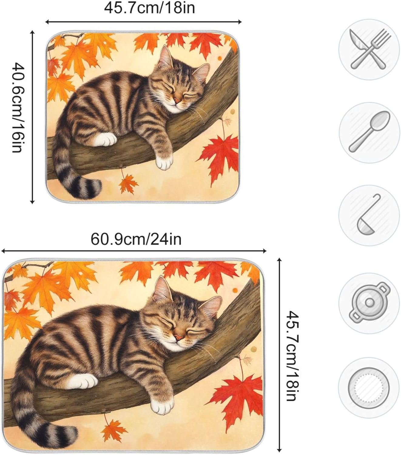 Fall Cats Dish Drying Mat for Kitchen Countertop 16x18 Autumn Maple Leaves Kitty Thanksgiving Day Small Drying Mat Reusable Quick Dry Dish Sink Mats Easy Clean Decorative Essentials