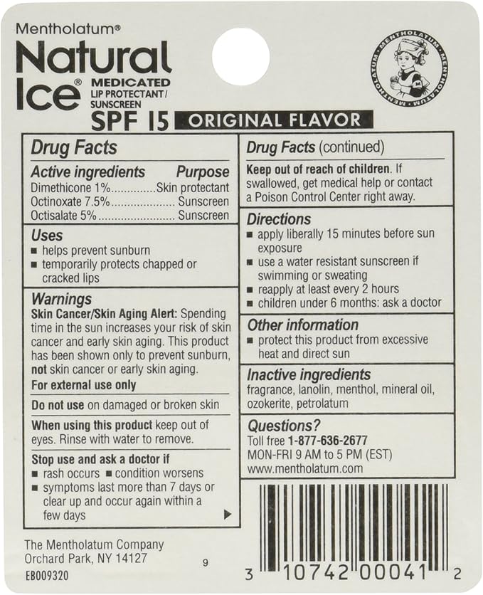 Mentholatum Natural Ice Medicated Lip Protectant Sunscreen, 0.16 Ounce (Pack of 12)