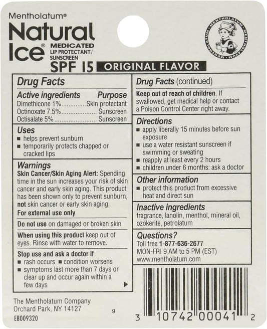 Mentholatum Natural Ice Medicated Lip Protectant Sunscreen, 0.16 Ounce (Pack of 12)