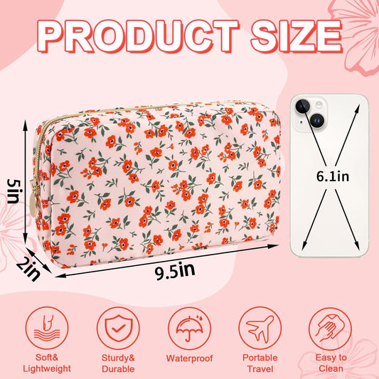 Waterproof Small Floral Makeup Bag Pouch for Purse,Nylon Flower Cosmetic Bag Preppy Travel Toiletry Storage Bag for Women Girl,Cute Makeup Organizer Bag Skincare Bag with Zipper(Small Pink-Flowers)