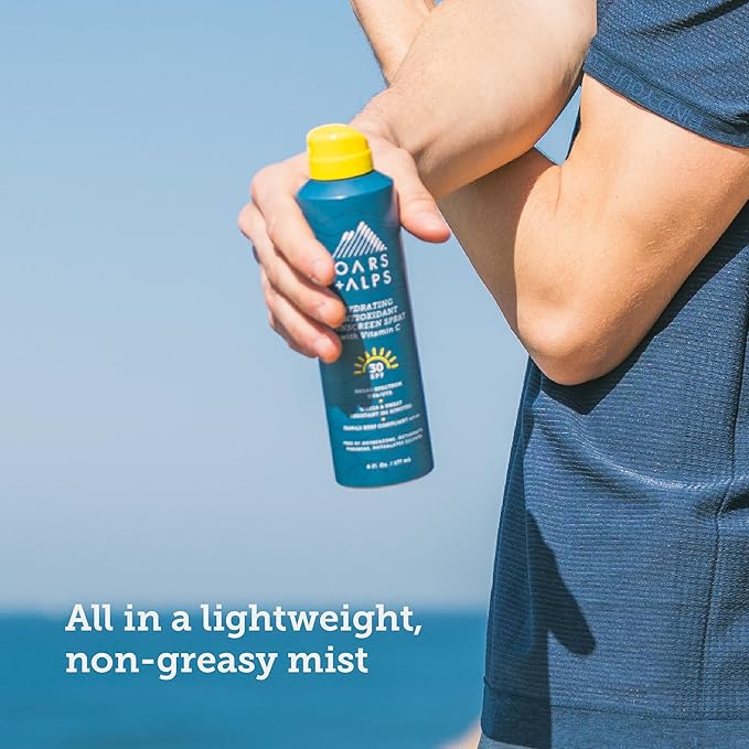 Oars + Alps Hydrating SPF 30 Sunscreen Spray, Naturally Derived Skin Care Infused with Vitamin C and Antioxidants, Water and Sweat Resistant, 6 Oz, 1 Pack