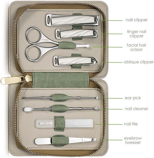 8-Piece Manicure Pedicure Set-Stainless Steel Nail Clippers Toenail Fingernail Cutters with Travel Case Complete Grooming Kit (Green)