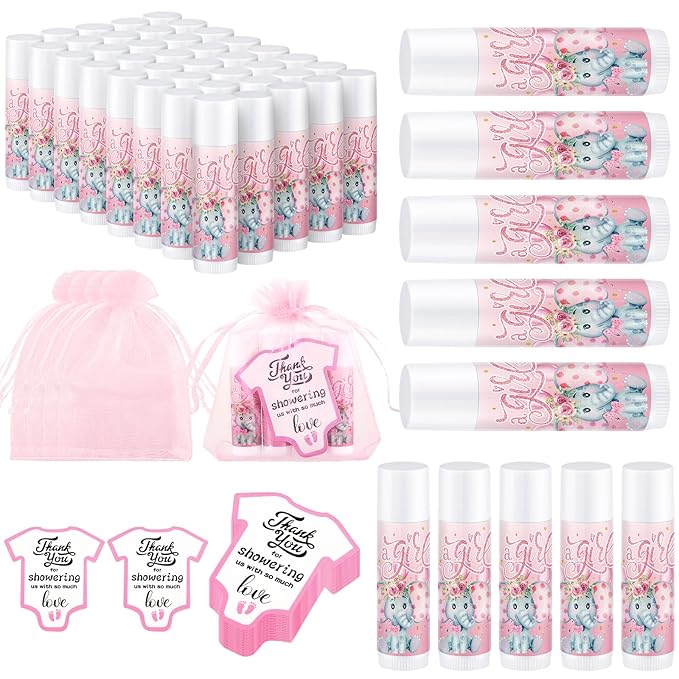 Demissle 50 Pcs Baby Shower Lip Balm Gift Set with 100 Pcs Organza Bags Baby Shower Party Favor for Guest Thank You Tag Rope Baby Shower Party Decoration Gender Reveal Souvenirs(Elephant)