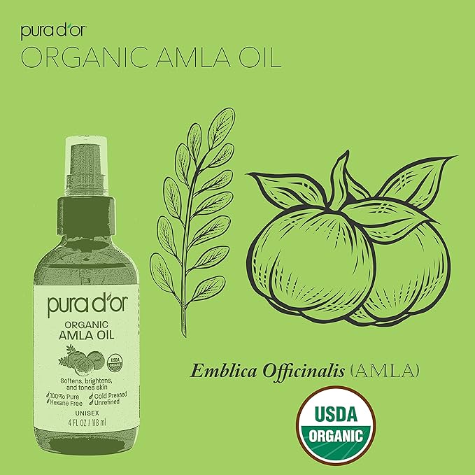 PURA D'OR Organic Amla Oil (4oz / 118mL) 100% Pure USDA Certified Premium Grade Natural Moisturizer, Cold Pressed, Hexane-Free Base Carrier for DIY Skin Care Men & Women, Pack of 1, 0.5 pounds