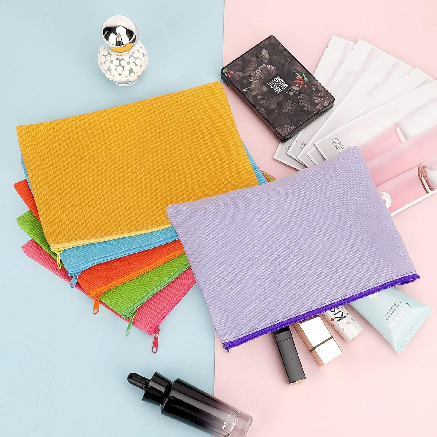 12 Pieces Cotton Canvas Makeup Bag, Multipurpose Cosmetic Bag with Zipper Travel Toiletry Pouch, Blank DIY Craft Bag (Multicolored B, S)