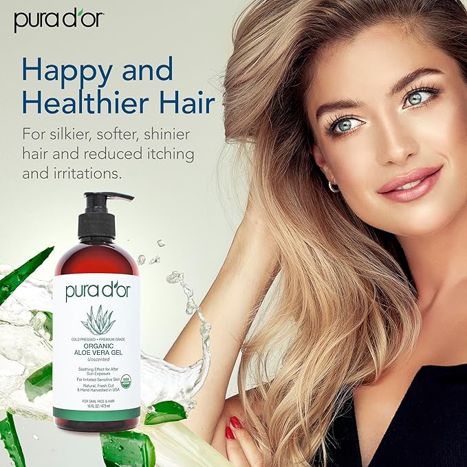 PURA D'OR 16 Oz ORGANIC Aloe Vera Gel - Unscented - All Natural - ZERO Artificial Preservatives - Deeply Hydrating & Moisturizing - Sunburn, Bug Bites, Rashes, Small Cuts, Eczema Relief - Skin & Hair