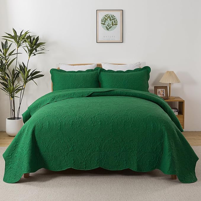 HoneiLife King Size Quilt Sets - 3 Piece Microfiber Quilt Set Lightweight Bedspreads Reversible Coverlets Rustic Bed Cover King Quilt Bedding Set All Season Quilts-Green