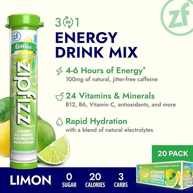 Zipfizz Daily Energy Drink Powder, Limon, 20 Pack | 3-in-1 Sustained Energy, Rapid Hydration, and Essential Vitamins | Sugar-Free | Electrolyte Powder | Contains Vitamin B-12 & Antioxidants