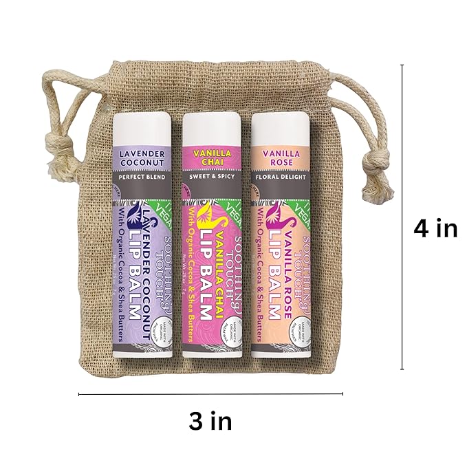 Vegan Lip Balm Set - Pack of 6 Soothing Touch Lip Balms. Includes Muslin Pouch & Lip Balm Holder Keychain (Pink): Pomegranate, Lemon Cardamom, Grapefruit, Vanilla Rose, Vanilla Chai, Lavender Coconut