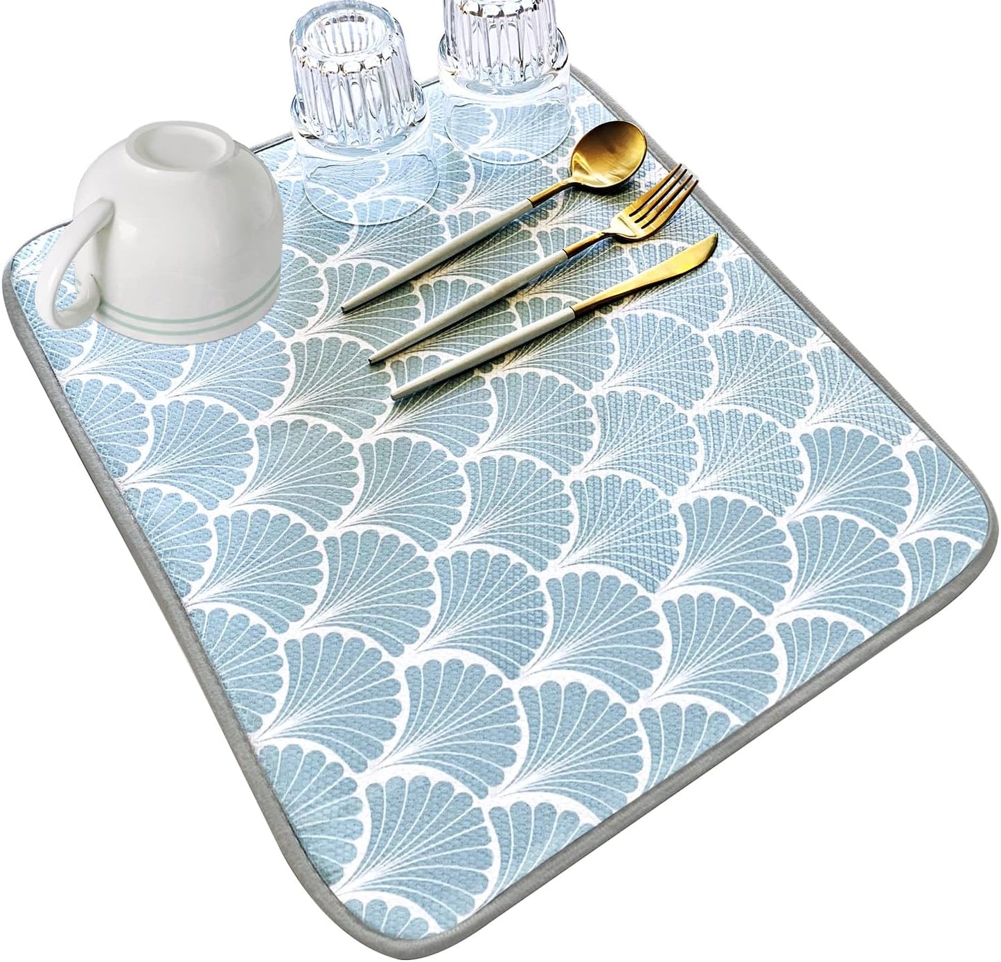 SHIYUE Dish Drying Mat for Kitchen Counter Super Absorbent Spring Kitchen Decor Microfiber Drying Matainers Rack Fast Pad Dish Drainer Mats(Aqua Blue Shell Geometric,16''x18'')