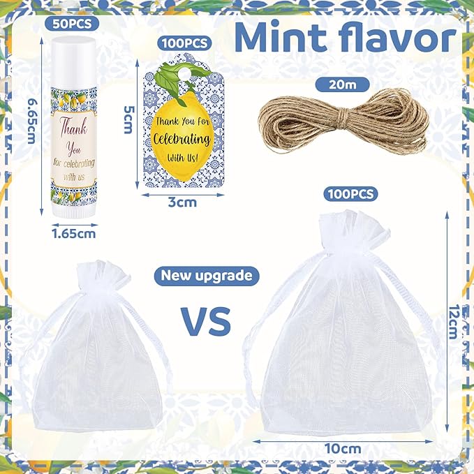 Demissle 50 Pcs Baby Shower Lip Balm Gift Set with 100 Pcs Organza Bags Baby Shower Party Favor for Guest Thank You Tag Rope Baby Shower Party Decoration Gender Reveal Souvenirs (Lemon)