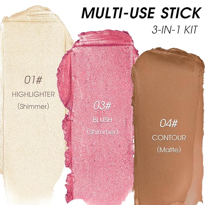 3Pcs Cream Contour Stick Makeup Kit - Cream Blush Stick Highlighter Stick Contour Bronzer Stick for Cheeks, Waterproof Long Lasting Blendable, Contour Stick Trio for Face Makeup (#01, 03, 04)