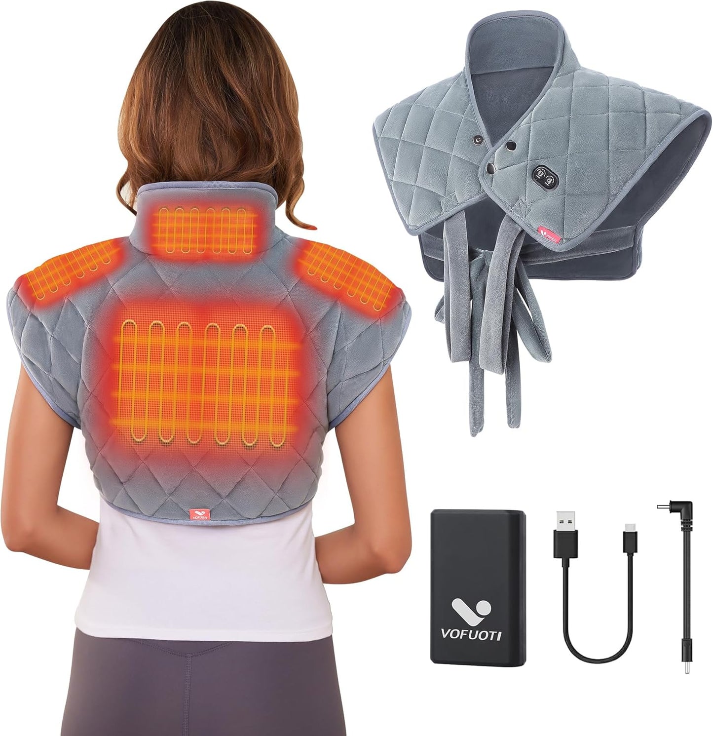 Vofuoti Heating Pad for Neck and Shoulders, Portable Cordless Heating Pad with Massager and Battery, Weighted Electric Heated Neck Shoulder Wrap, 16'' x 22'', 2.2lbs