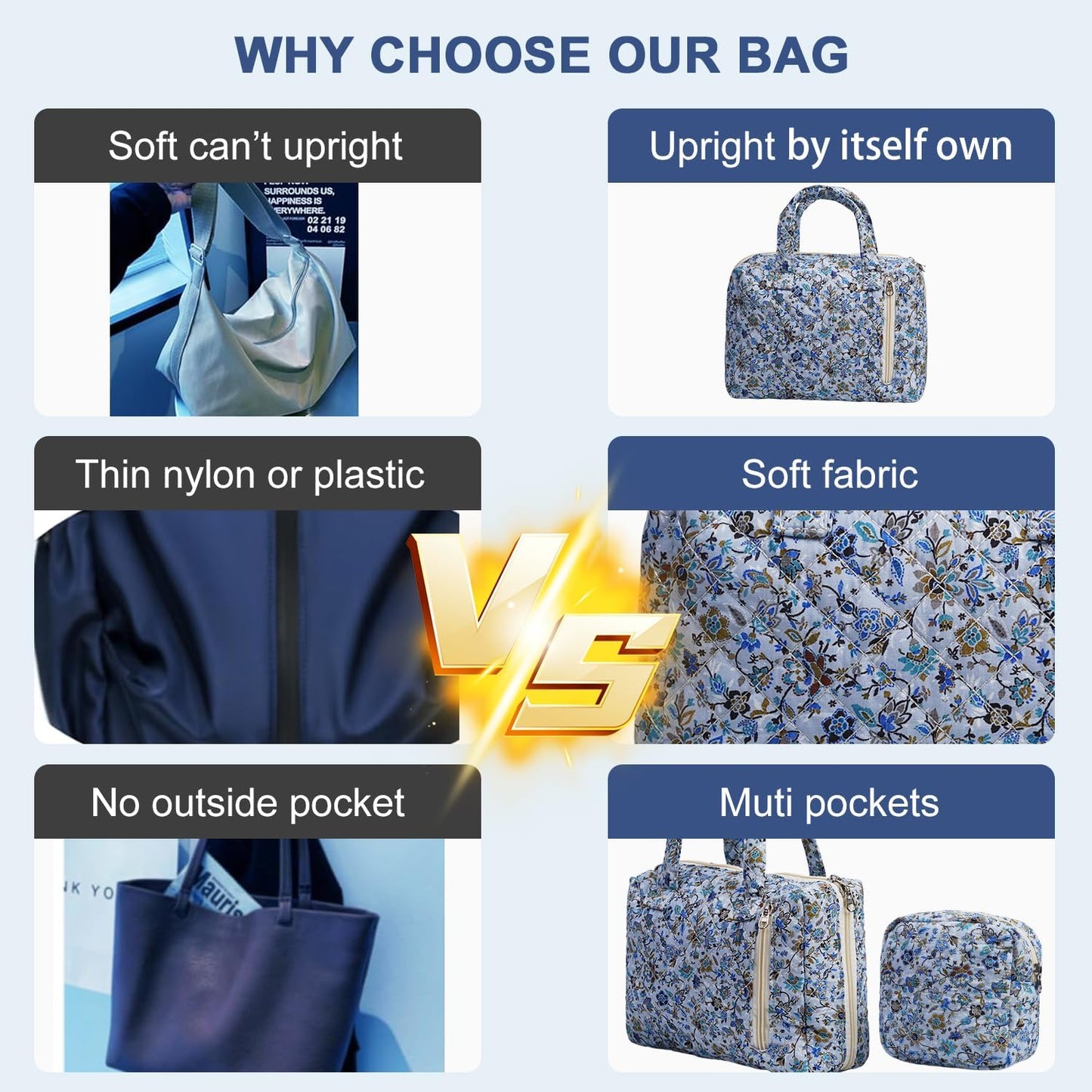 Cute Quilted Floral Makeup Bag(2Pcs)，Coquette Aesthetic Cosmetic Bag，Travel Toiletry Bags， Kawaii Aesthetic pouch for Women (14-BlueVine)