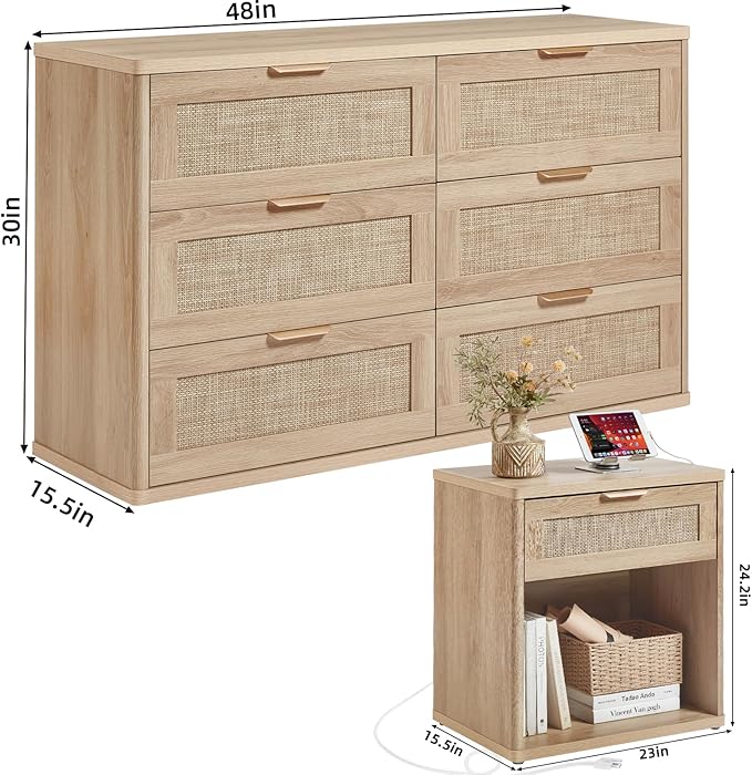 LEYAOYAO Rattan Dresser and Nightstand Sets 3 Piece, Boho Wood Dresser for Bedroom with 6 Drawers and Night Stand with Charging Station, Bedroom Furniture, Dressers & Chests of Drawers, Living Room