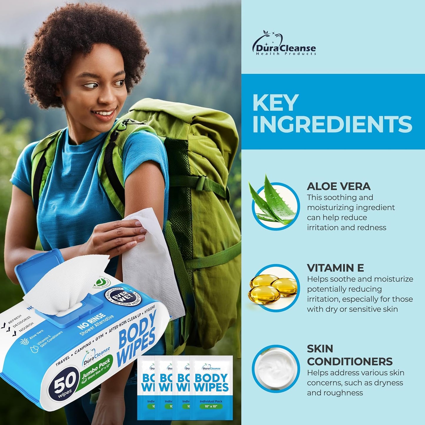 XL Body Wipes for Adults Bathing No Rinse - 50 Ct. + 4 Travel Shower Wipes - 9"x12" Thick Cleansing Bath Wash Sheets for Elderly Incontinence, Men & Women - Camping Essentials Disposable Washcloths