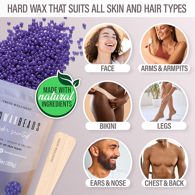 Tress Wellness Waxing Kit for Sensitive Skin – Safe for Face & Skin, Prep & Aftercare Spray, Easy to Use – At-Home Kit for Face, Bikini, Brazilian & Full Body - Digital Display, Dusty Lilac