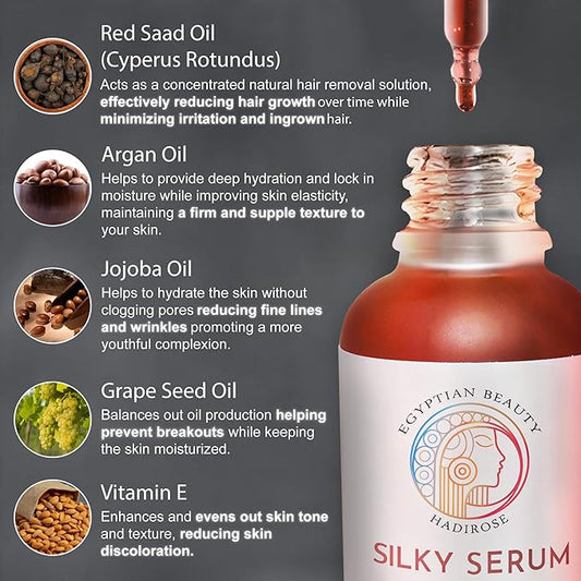 Silky Serum by Hadirose | Pure Red Saad Oil (Egyptian Cyperus Rotundus) Concentrated | Organic All Natural Hair Removal Serum | Scented (Rose, Jasmine & Lavender) | Made in the USA.
